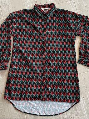 CORTIGIANI Womens Blouse XL Black Red Teal Geometric Long Sleeve Button Up NWT